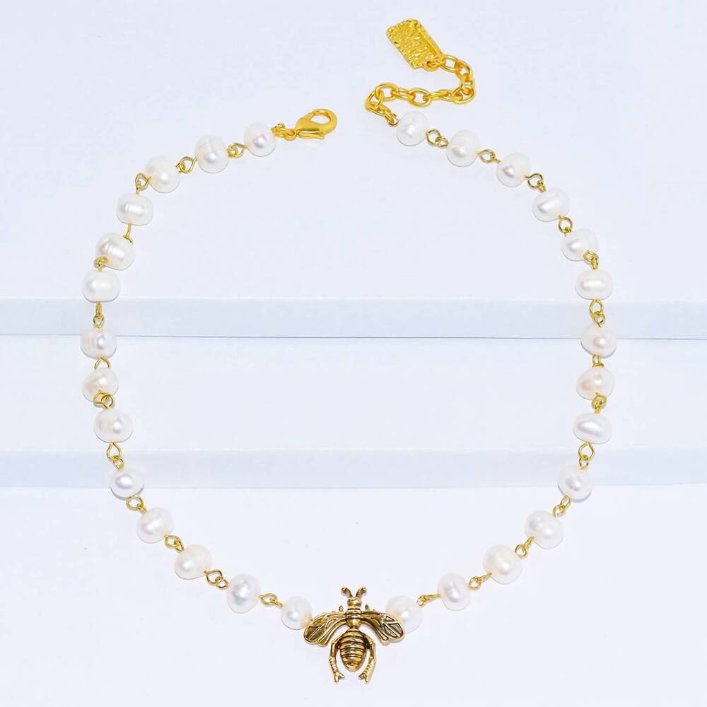 NEW KARINE SULTAN women's flying bee pearl necklace in white/ gold
